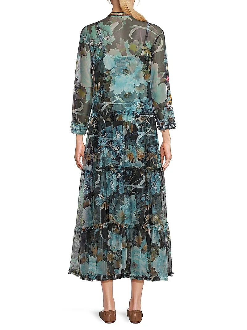 Mazzy Floral-Embroidered Ruffled Maxi-Dress