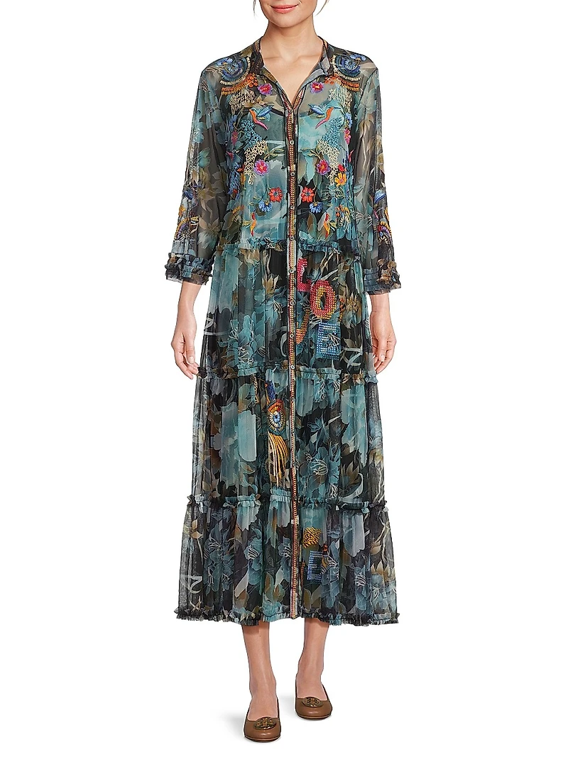 Mazzy Floral-Embroidered Ruffled Maxi-Dress