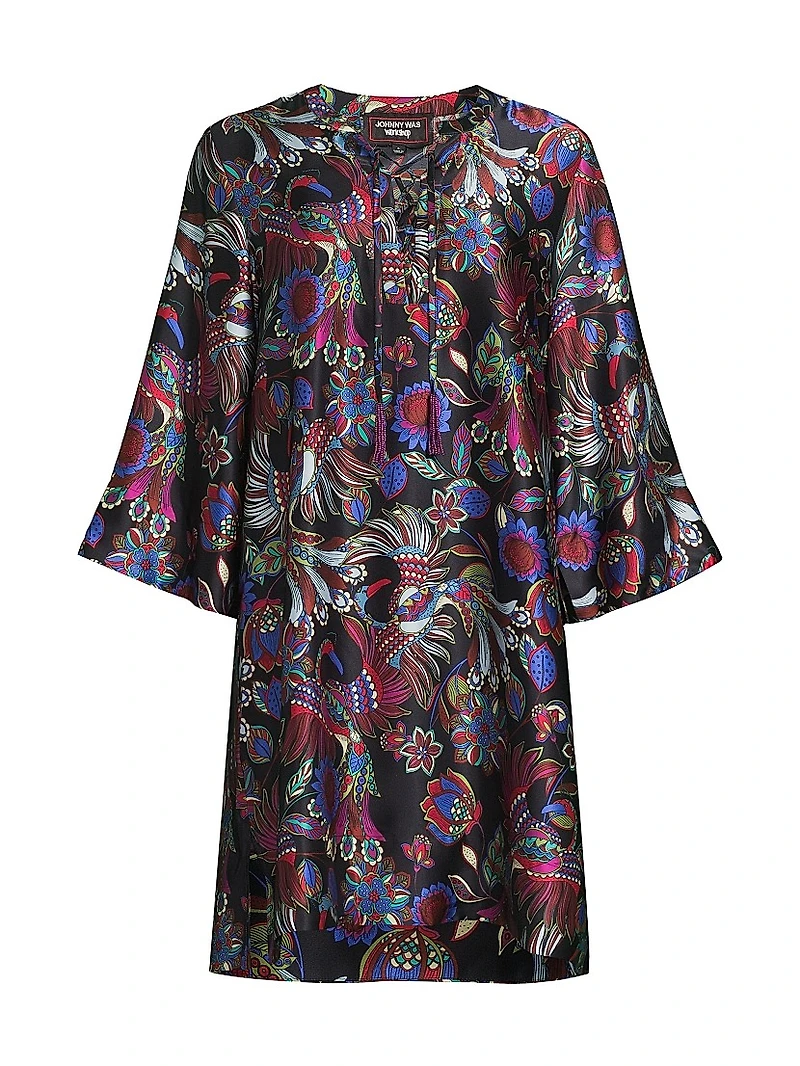 Avya Floral Silk Kimono-Style Dress