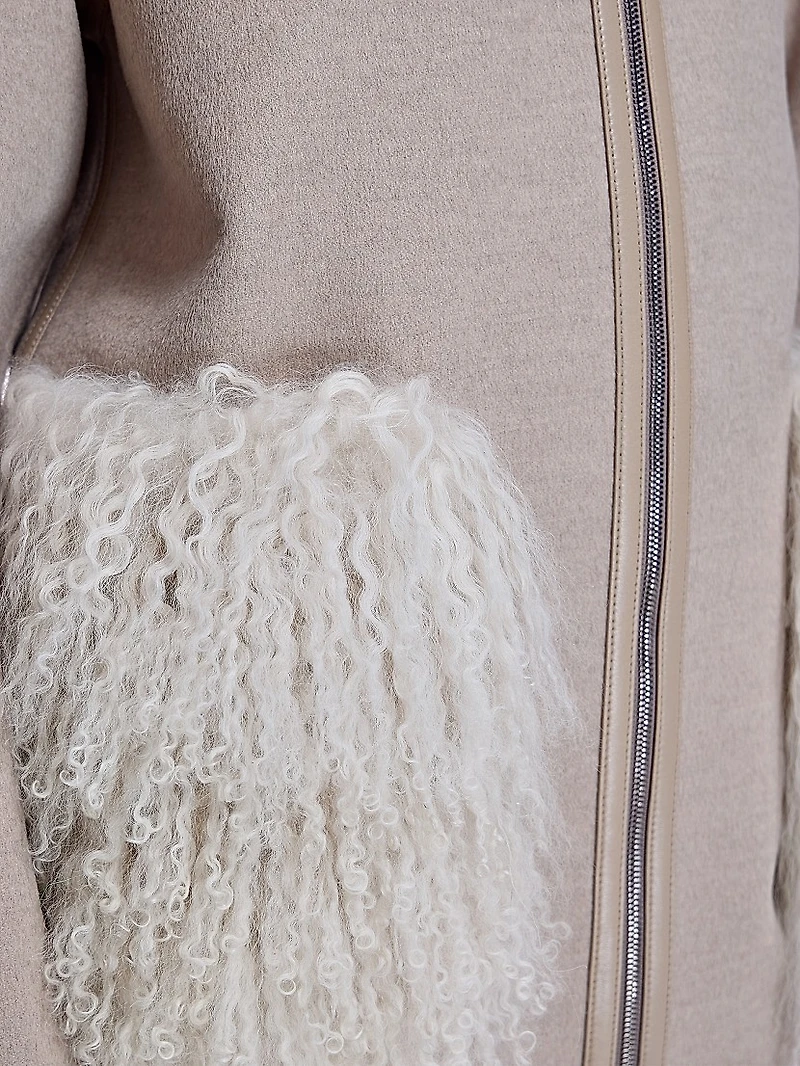 Hooded Woolblend Jacket with Mongolian Lamb Trim