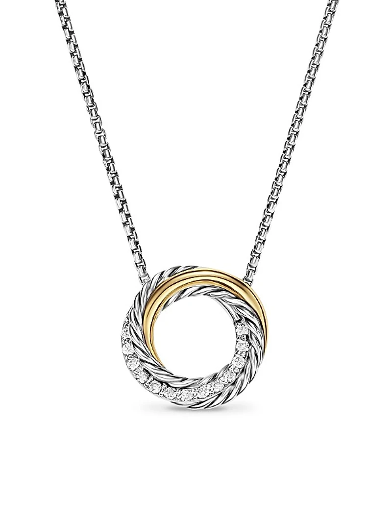 Crossover Pendant Necklace in Sterling Silver with 18K Yellow Gold and Diamonds, 14.5MM