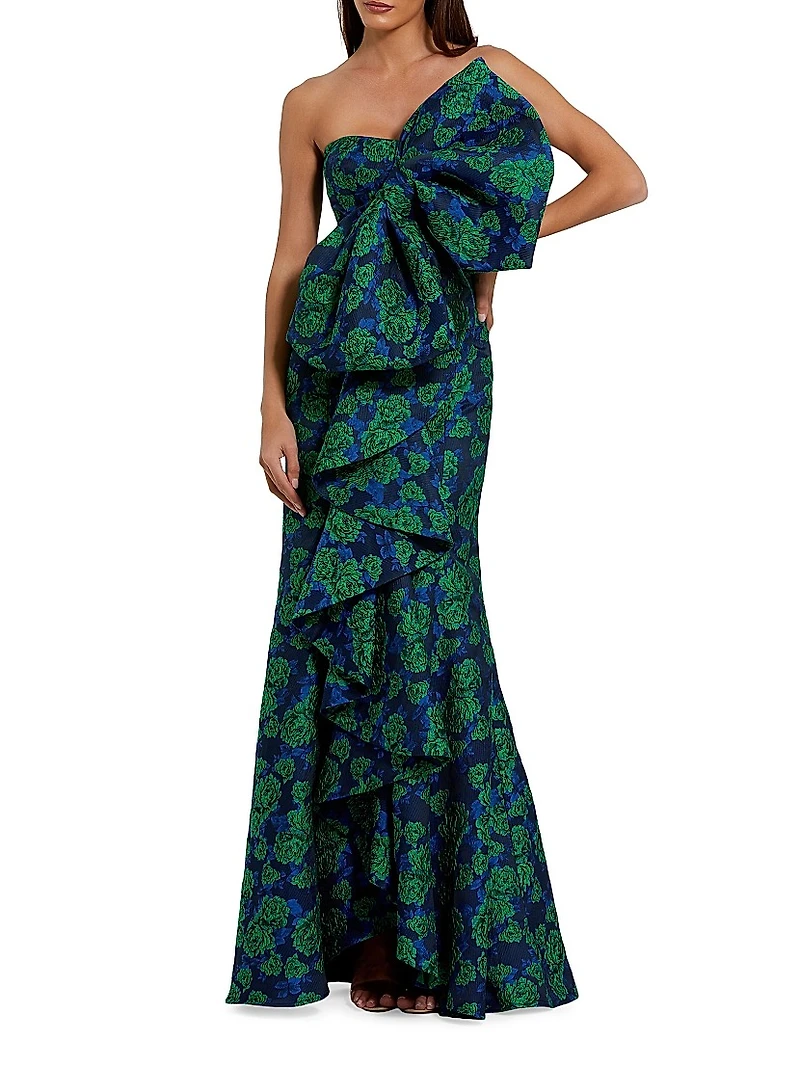 Bow-Detail Floral Brocade Strapless Gown