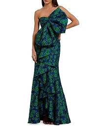 Bow-Detail Floral Brocade Strapless Gown