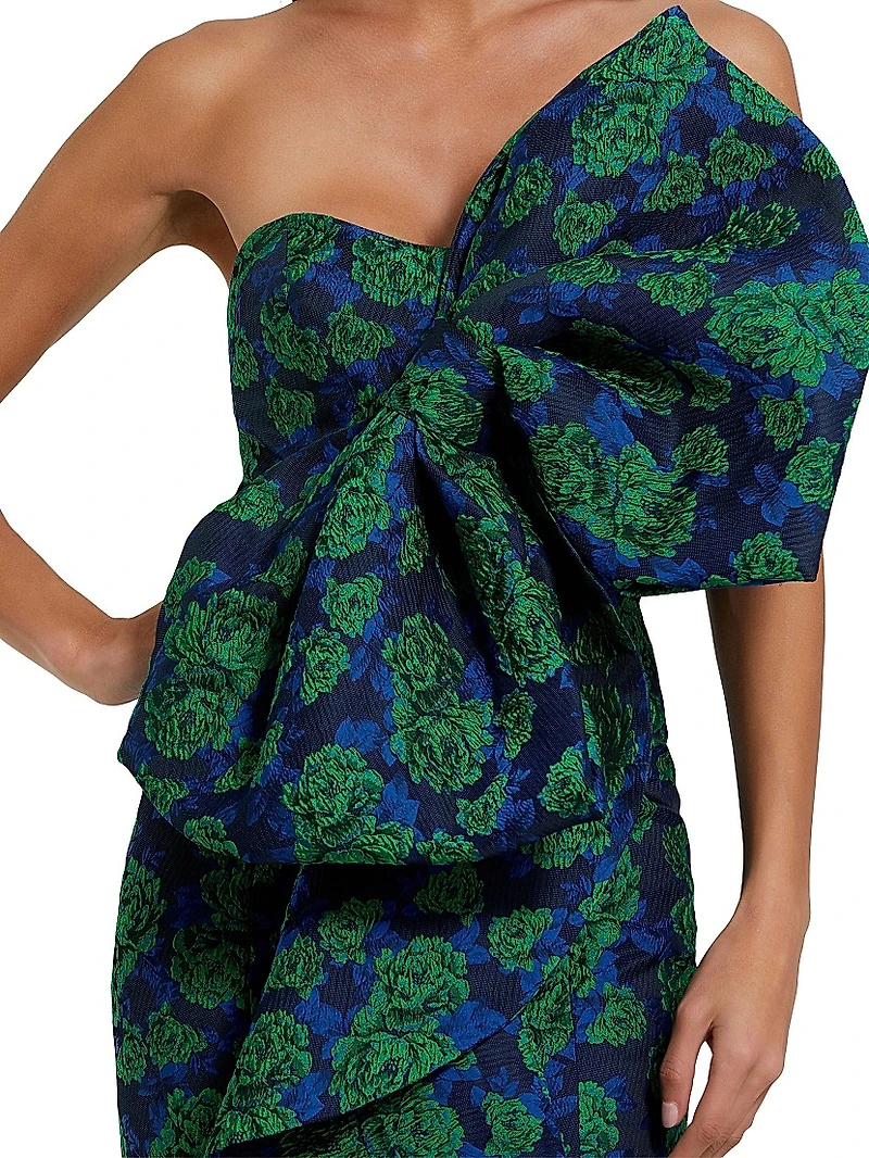 Bow-Detail Floral Brocade Strapless Gown