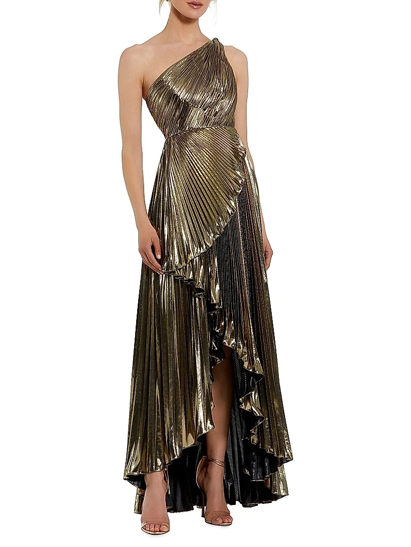 Metallic Pleated One-Shoulder Faux-Wrap Gown