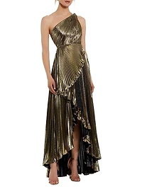 Metallic Pleated One-Shoulder Faux-Wrap Gown