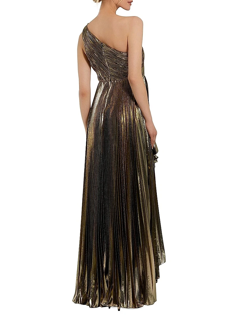 Metallic Pleated One-Shoulder Faux-Wrap Gown