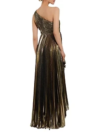 Metallic Pleated One-Shoulder Faux-Wrap Gown