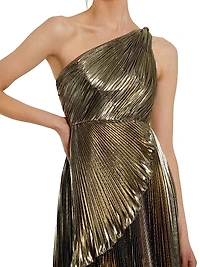 Metallic Pleated One-Shoulder Faux-Wrap Gown