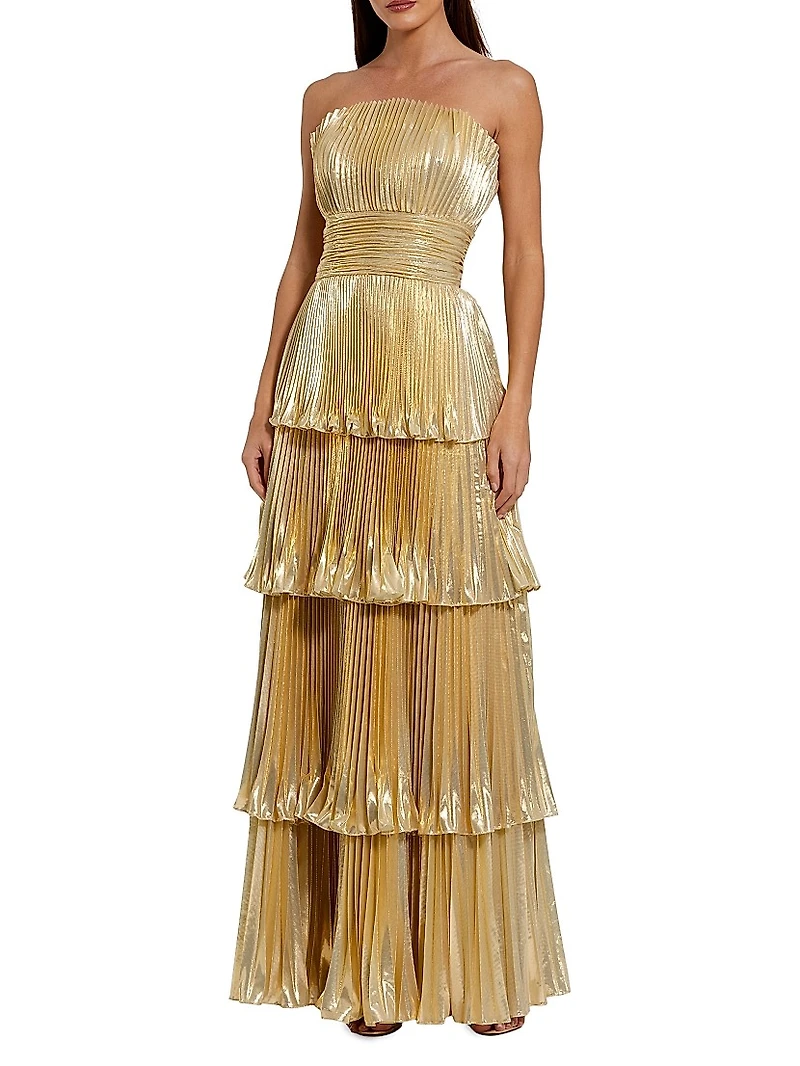 Metallic Pleated Strapless Tiered Gown