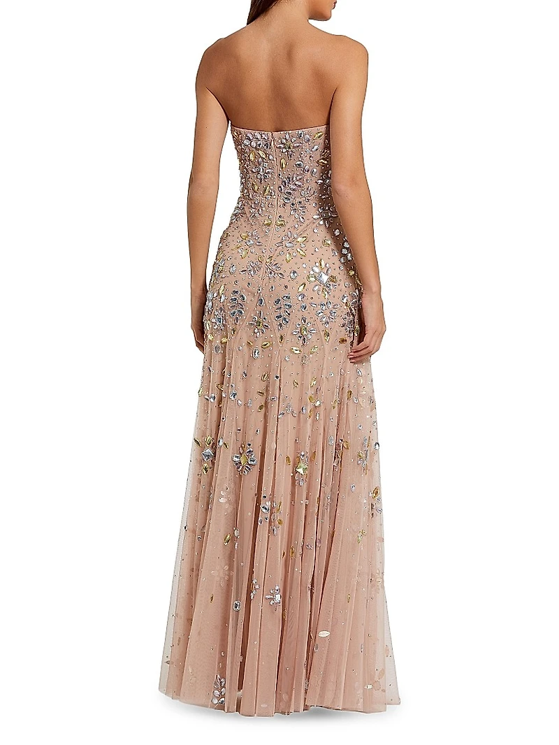Crystal-Embellished Mesh Strapless Gown