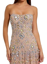 Crystal-Embellished Mesh Strapless Gown