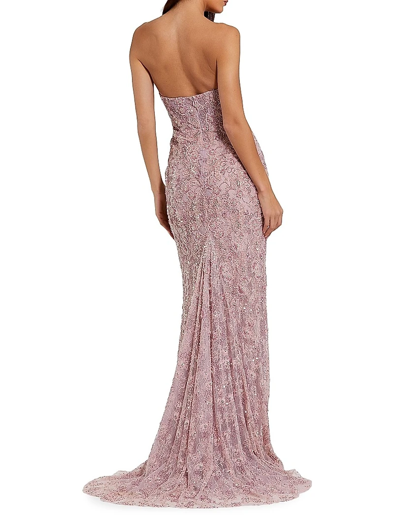 Embellished Floral Lace Strapless Gown