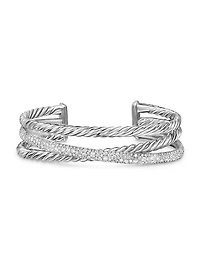 Pavé Crossover Three Row Cuff Bracelet Sterling Silver