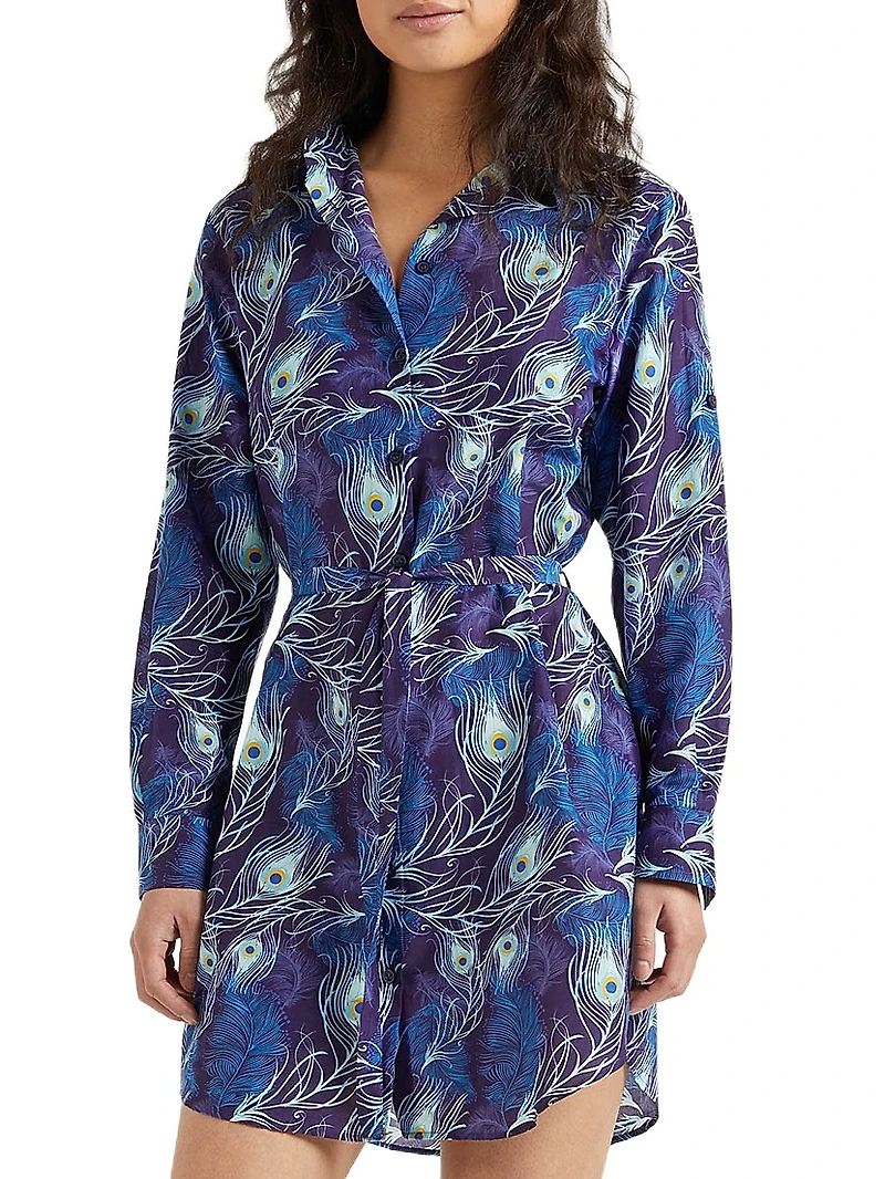 Eye Of The Wind Feather-Print Cotton-Silk Mini-Shirtdress