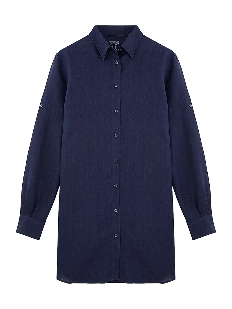 Linen Long-Sleeve Mini Shirtdress