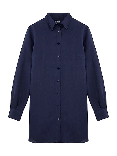Linen Long-Sleeve Mini Shirtdress