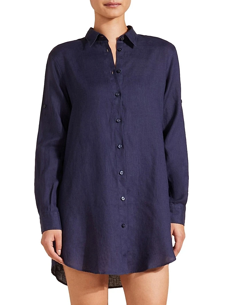Linen Long-Sleeve Mini Shirtdress