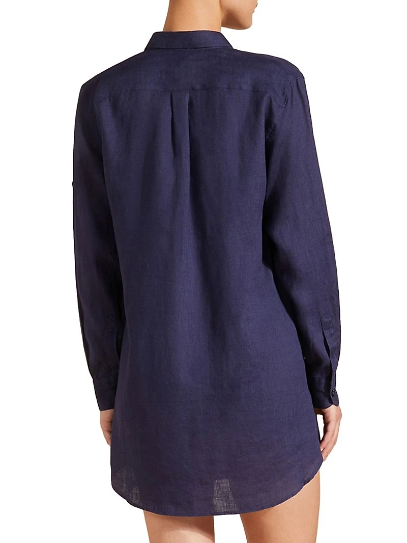 Linen Long-Sleeve Mini Shirtdress