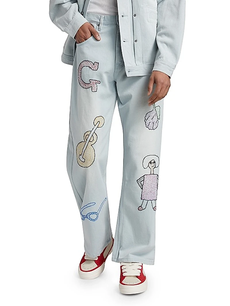 Light Blue Oversized Embroidered Jeans