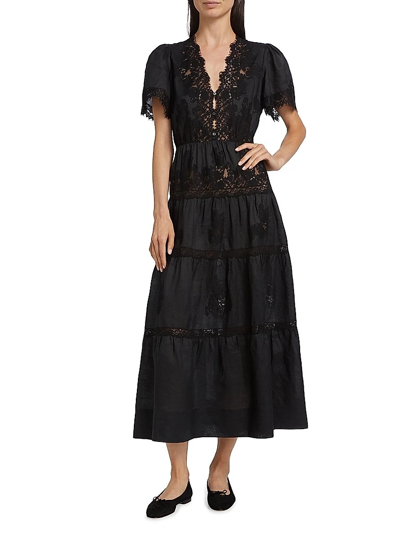 Graciela Lace Trim Short-Sleeve Midi-dress