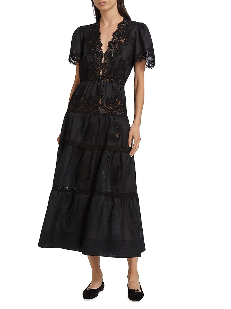 Graciela Lace Trim Short-Sleeve Midi-dress