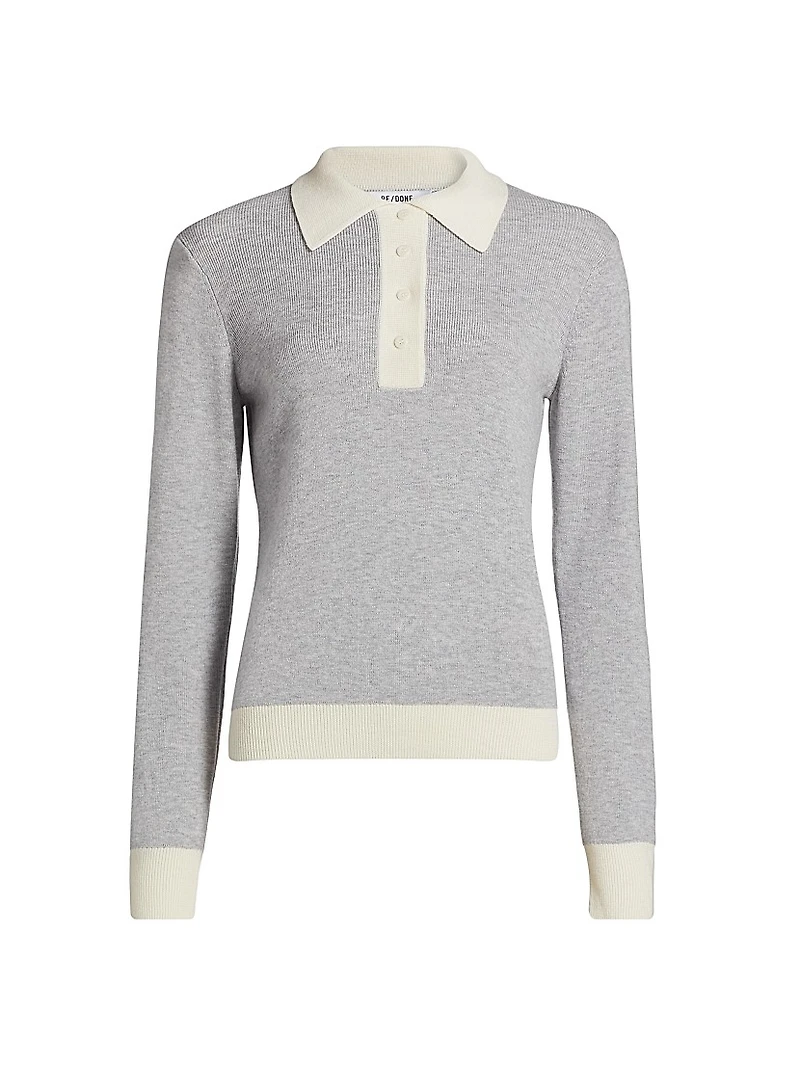 Wool Contrast-Trimmed Wool Long-Sleeve Polo Top
