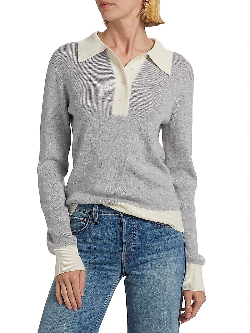 Wool Contrast-Trimmed Wool Long-Sleeve Polo Top