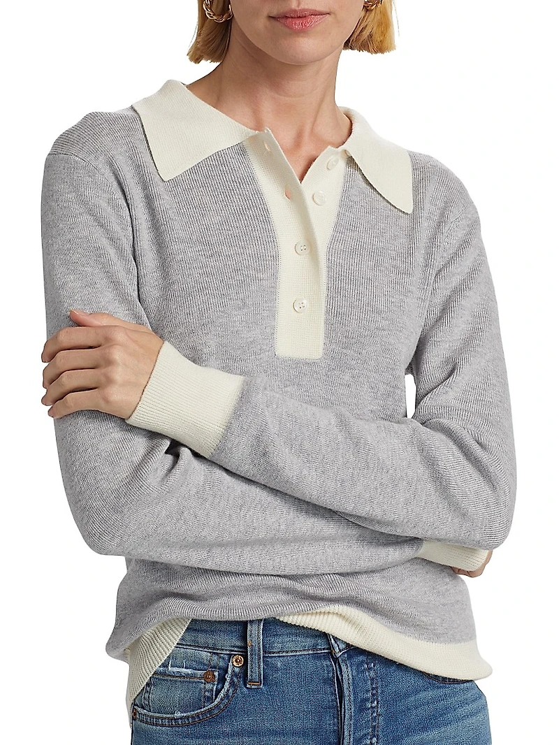 Wool Contrast-Trimmed Wool Long-Sleeve Polo Top
