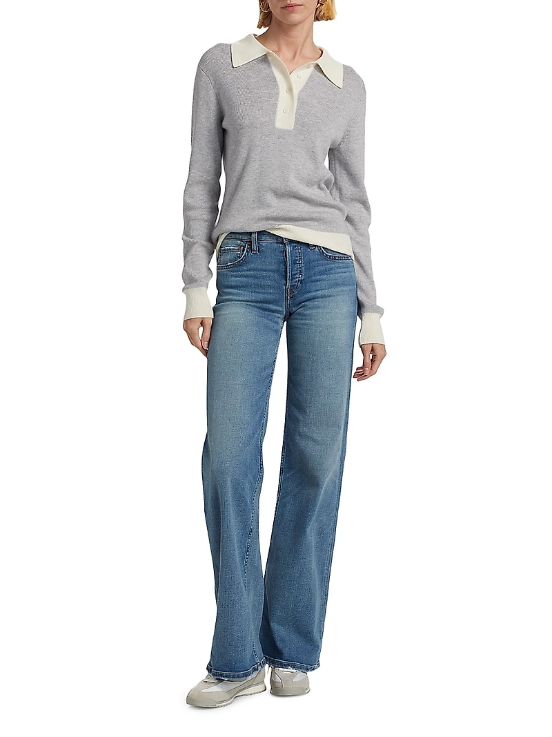 Wool Contrast-Trimmed Wool Long-Sleeve Polo Top