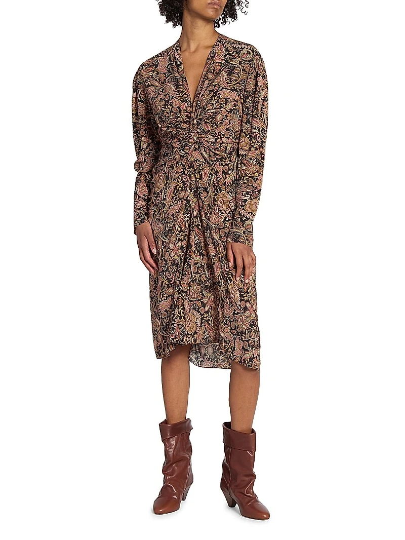 Zeliha Paisley Twist-Front Knee-Length Dress