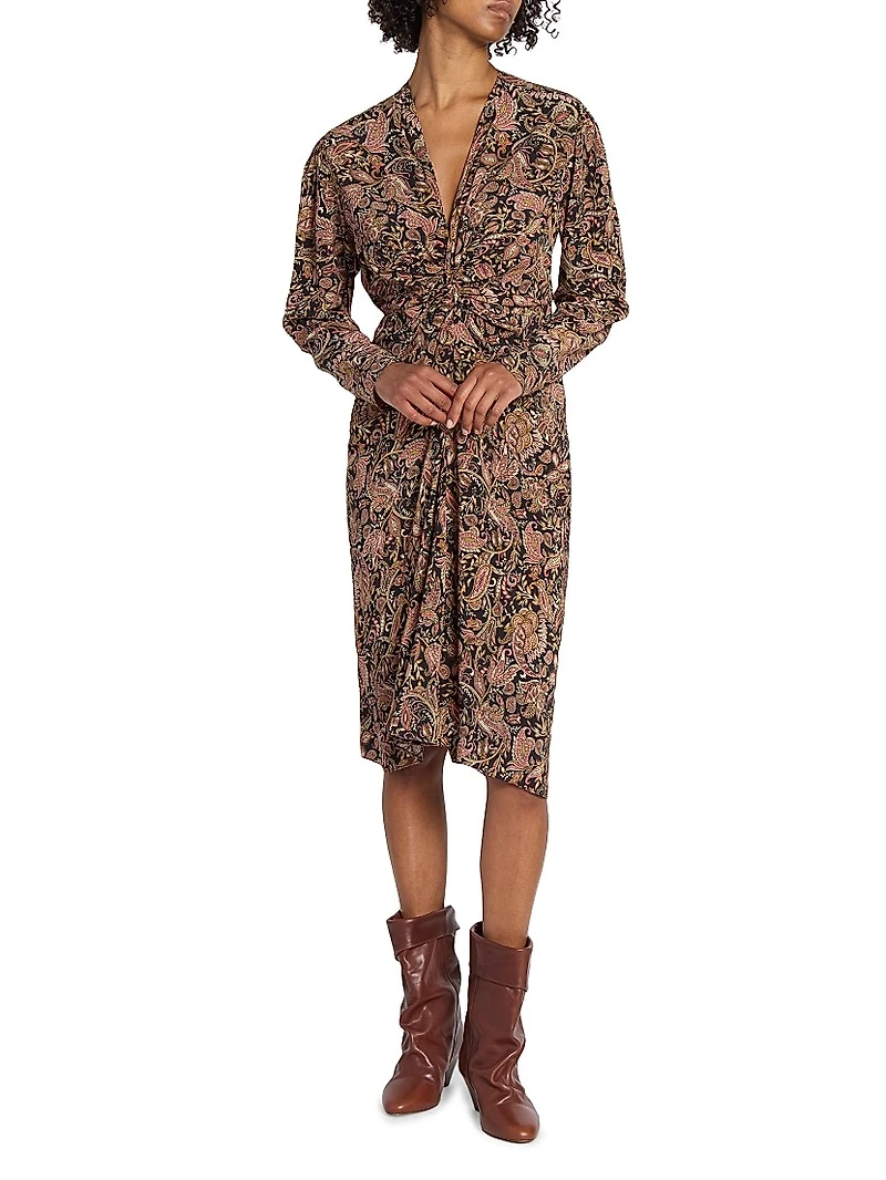 Zeliha Paisley Twist-Front Knee-Length Dress