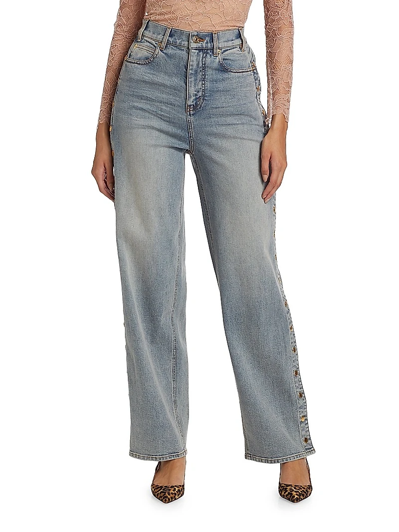 Stassia Side-Snap Straight Jeans