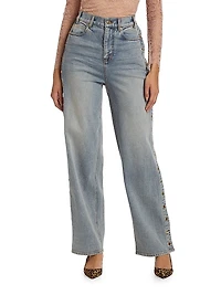 Stassia Side-Snap Straight Jeans