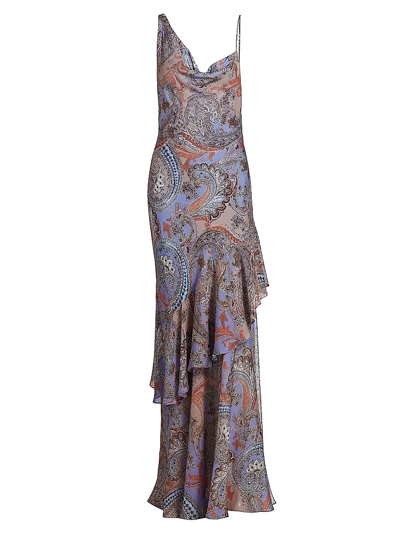 Viola Paisley Silk Cowlneck Asymmetric Gown