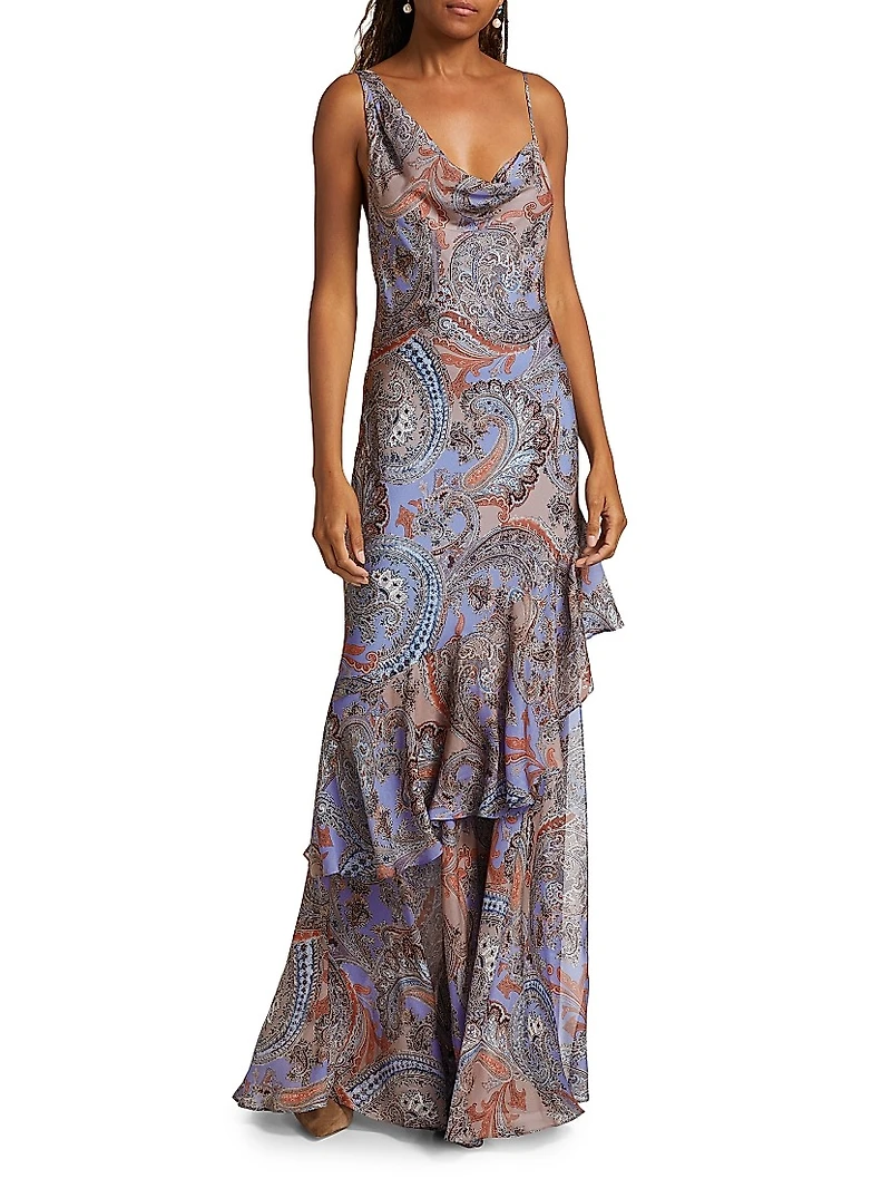 Viola Paisley Silk Cowlneck Asymmetric Gown