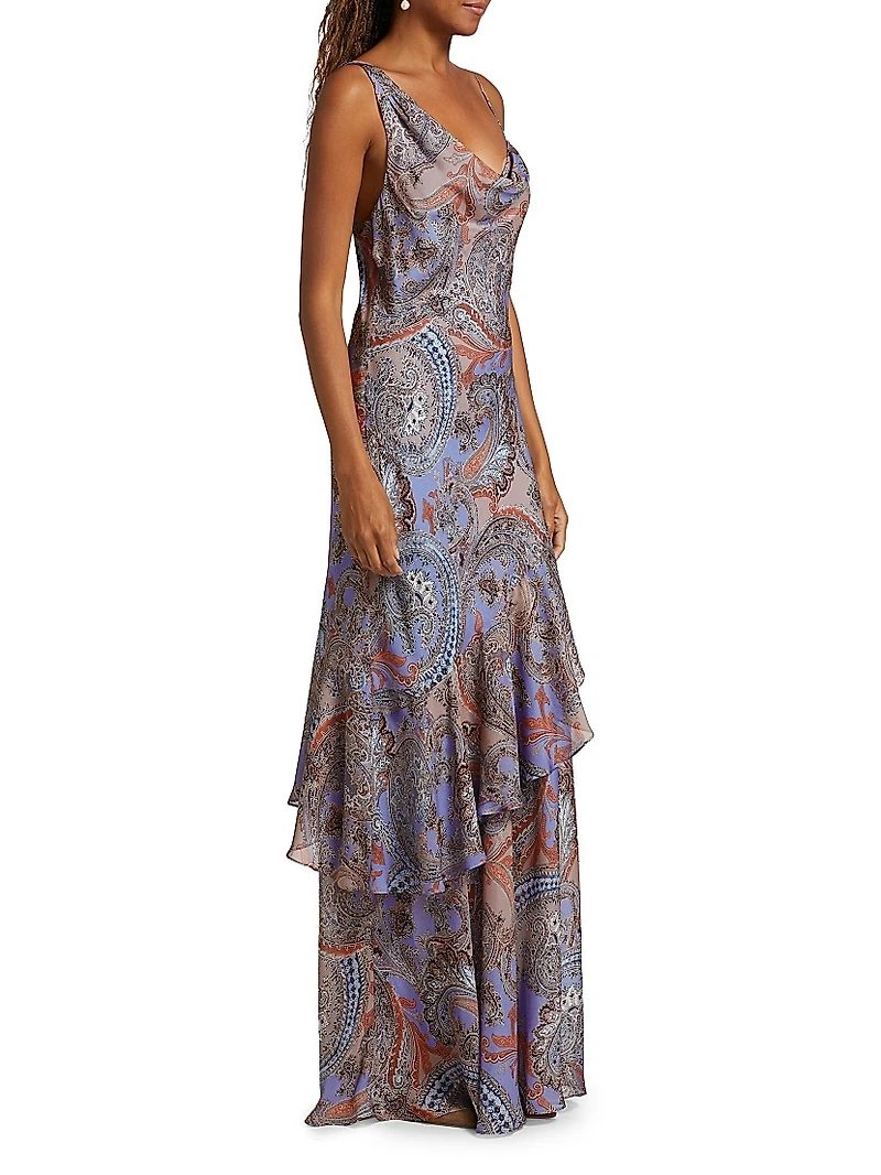 Viola Paisley Silk Cowlneck Asymmetric Gown