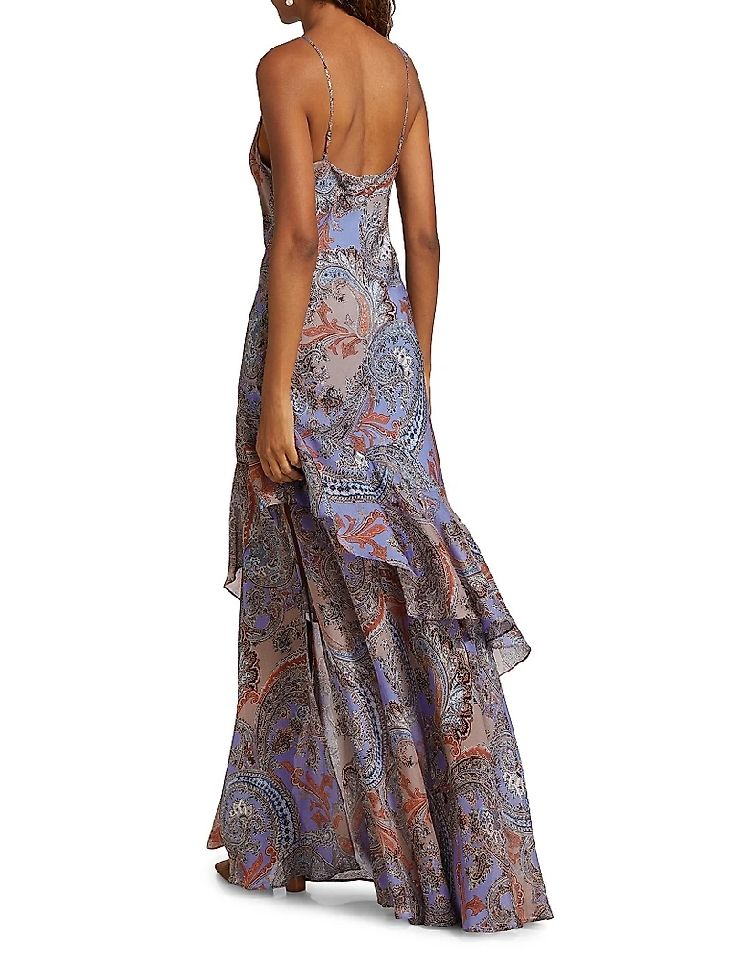 Viola Paisley Silk Cowlneck Asymmetric Gown