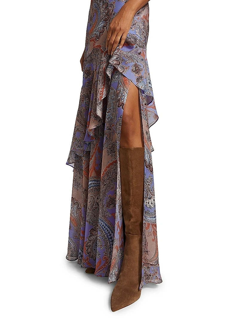 Viola Paisley Silk Cowlneck Asymmetric Gown