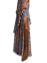Viola Paisley Silk Cowlneck Asymmetric Gown