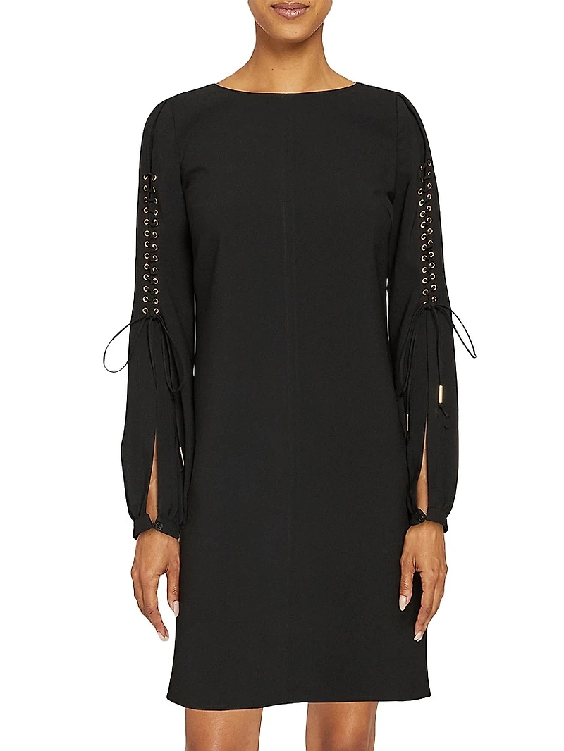 Lattice-Sleeve Crepe Shift Dress