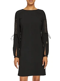 Lattice-Sleeve Crepe Shift Dress