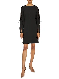 Lattice-Sleeve Crepe Shift Dress