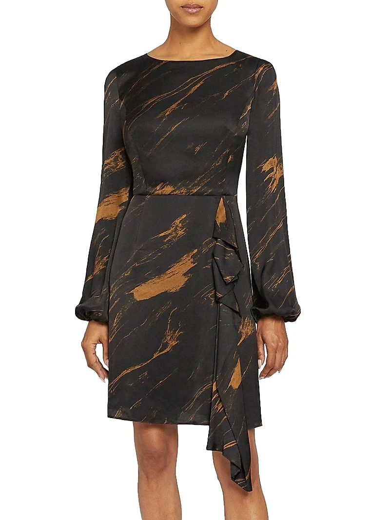 Abstract Ruffle Jewel-Neck Mini-Dress
