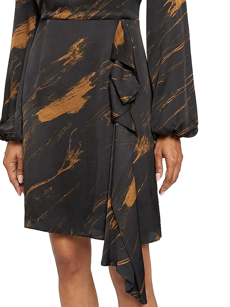 Abstract Ruffle Jewel-Neck Mini-Dress