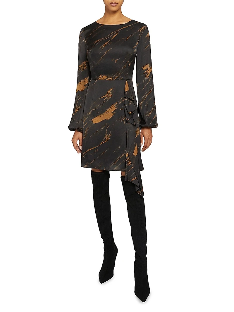 Abstract Ruffle Jewel-Neck Mini-Dress