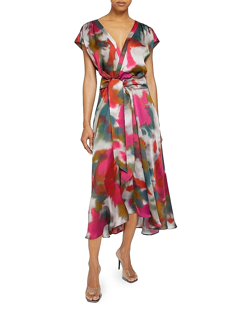 Printed Faux-Wrap Midi-Dress