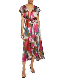 Printed Faux-Wrap Midi-Dress