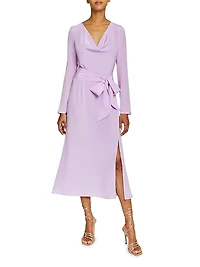 Cowlneck Silk A-Line Midi-Dress