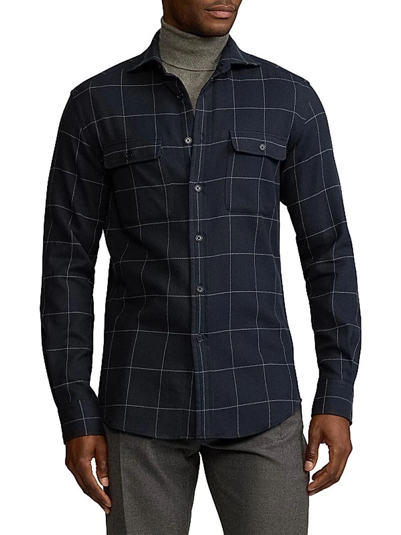Windowpane Plaid Cotton Flannel Shirt
